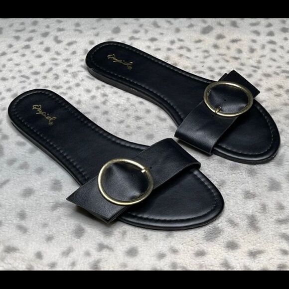 3 for $30 QUPID black silver buckle flat sandals - Picture 3 of 5